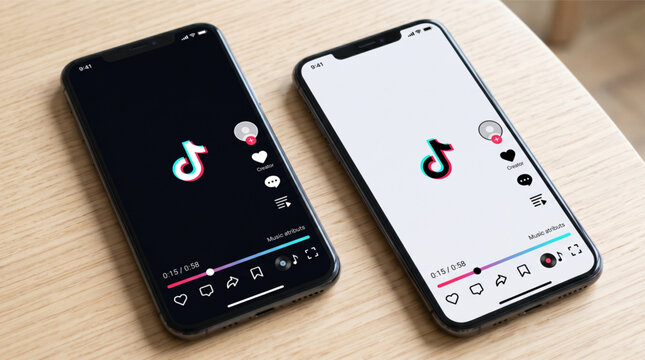 TikTok app interface mockup on two smartphones, mobile video player UI design with dark and light mode theme on wooden table, social media marketing application screen display on mobile phon