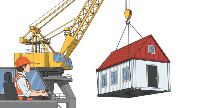 Construction worker operating crane to lift prefabricated modular house on building site isolated on white background
