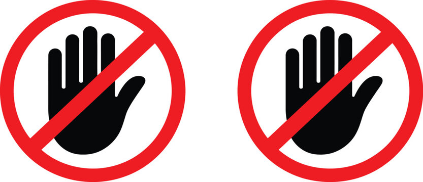 Hand stop sign with no entry and prohibition symbols representing restricted access, not allowed warning, safety regulation, danger prevention, and authorized entry control