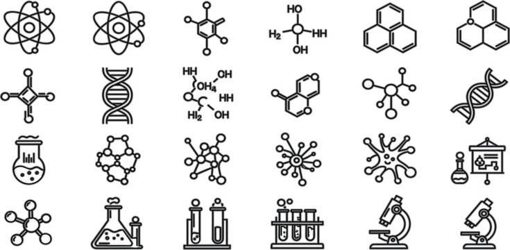 Advanced Chemistry and Molecular Structure Icon Set Featuring Chemical Formulas, DNA, Laboratory Equipment, and Scientific Symbols for Education, Research, and Medical Design Applications