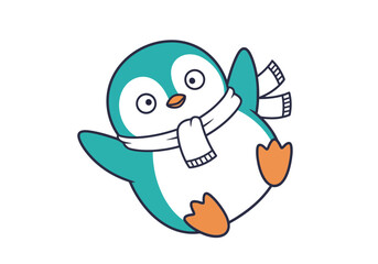 Obraz premium Cute Penguin Cartoon Character Sliding with Scarf Isolated for Winter Holiday Branding Mascot