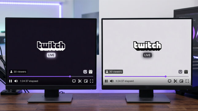 Twitch video player mockup on dual monitors, streaming media player interface with dark and light mode, multimedia web UI display with purple progress bar and navigation control icons