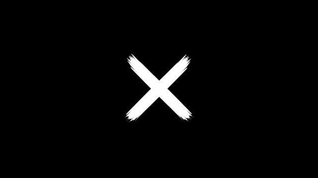 White cross mark hand drawn marker stroke animation on a black background. X mark drawing with marker style symbolizing cancel, error, prohibition, denial, wrong symbol animation
