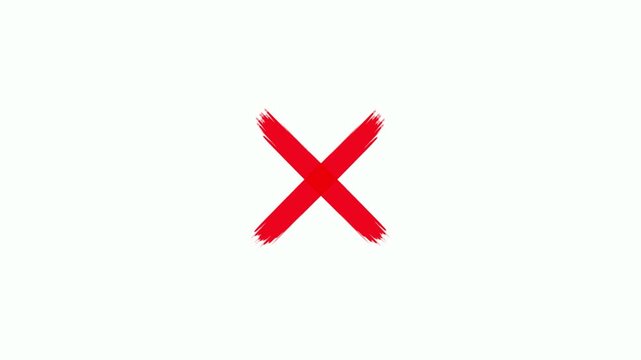 Red cross mark hand drawn marker stroke animation on a white background. X mark drawing with marker style symbolizing cancel, error, prohibition, denial, wrong symbol animation