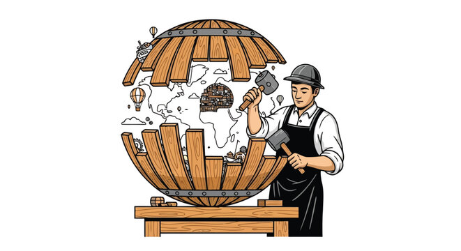 Cooper crafting wooden barrel over world map illustration isolated on white background