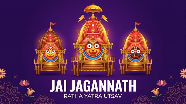 Bright decorated wooden chariot with mandala halo for indian rath yatra festival celebration graphic poster design