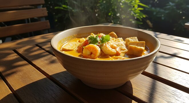 Steaming bowl of flavorful soup on wooden table with sunlight and fresh ingredients
