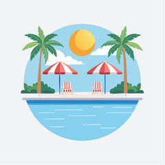 Obraz premium A serene beach scene with palm trees, umbrellas, and chairs under the sun.
