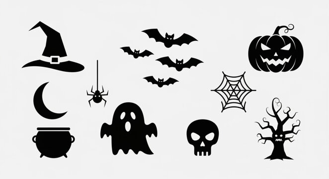 Black Halloween icons on white background.