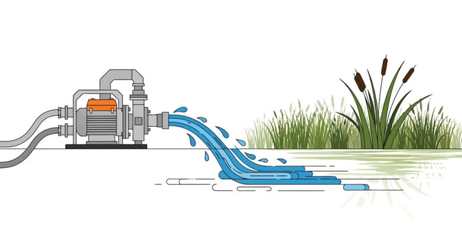 Industrial water pump draining water from a pond with green reeds illustration isolated on white background