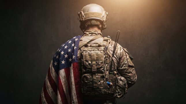 Patriotic soldier draped in flag stands strong against dark background, embodying courage and honor