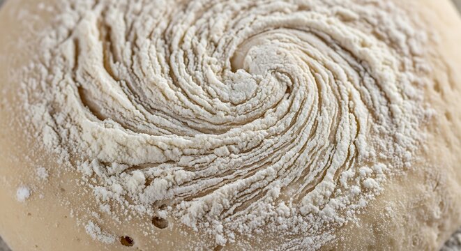 Close-up of swirling flour pattern on raw bread dough, baking preparation, food texture