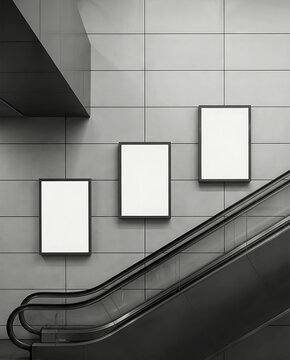 Three blank vertical billboard frames on grey tiled wall near modern escalator