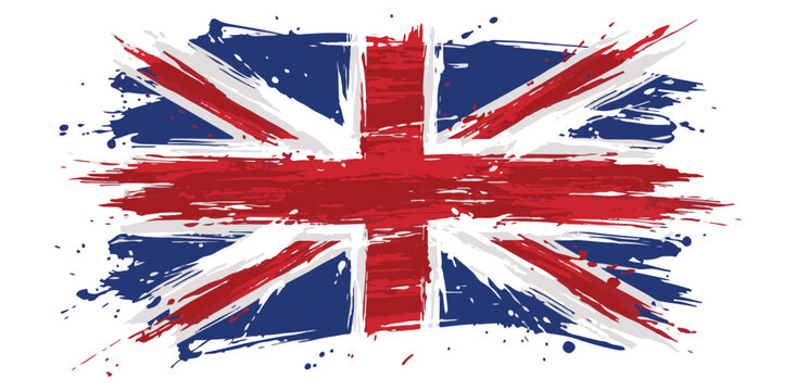 Artistic grunge Union Jack flag of the United Kingdom with paint splatter and brush strokes for british patriotic design