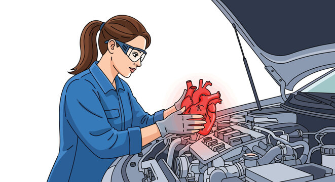 Mechanic examining car engine with glowing heart illustration isolated on white background