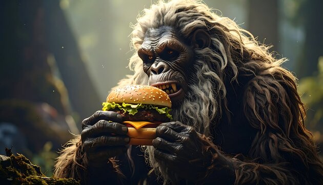 Furry creature devours a burger in a forest, teeth bared, lit by dappled sunlight, with blurry trees