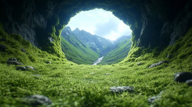 Lush Cave Entrance Framing Mountain Valley Landscape Serene Nature Scene.