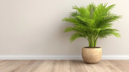 Fototapeta premium Lush Potted Palm in a Rustic Planter on a Light Wood Floor Against a Neutral Wall.