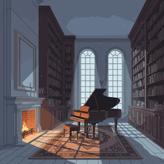 Fototapeta na wymiar Cozy library room with grand piano and bookshelves