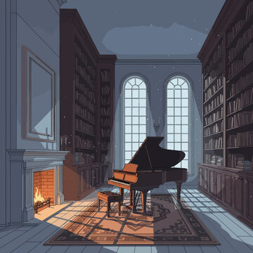 Cozy library room with grand piano and bookshelves