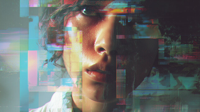 Infinite gallery of pastel glitching faces with flickering neon overlays creates a mesmerizing visual experience