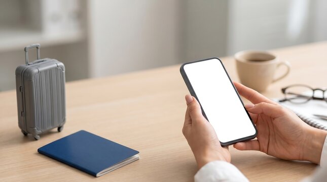 Travel and Tourism: Blank Smartphone Screen with Suitcase and Passport