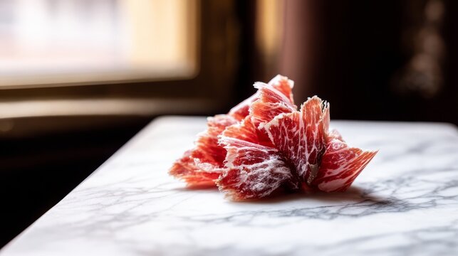 applicability. Thinly sliced Italian cured meat on marble slab showcasing fat marbling. menu design, packaging mockups, designed for culinary blogs and recipe cards for restaurants.
