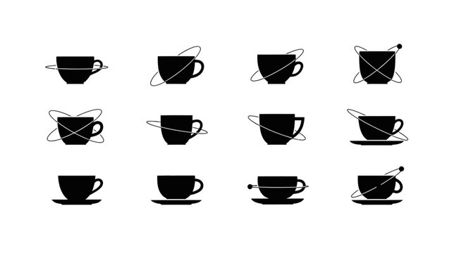 Abstract futuristic coffee cup icons with orbital rings and atomic paths for modern technology branding and creative cafe identity design isolated on background