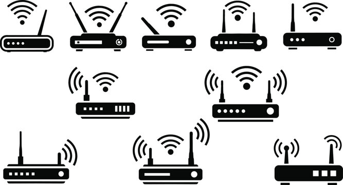 Wireless Wifi Router Icon Set with Internet Connection Symbols and Network Modem Hardware Graphic Elements for Technology Websites, Mobile Apps, and Computer Hardware Manuals