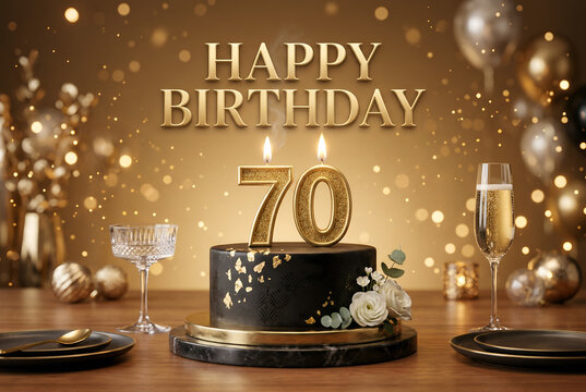 Luxurious golden happy birthday 70th celebration with elegant cake candles and champagne