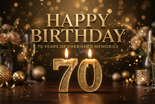 Happy 70th birthday cherished memories golden candles cake champagne festive background