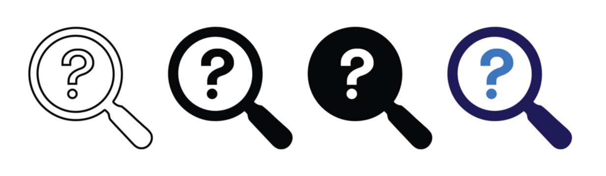 Four magnifying glass icons with question marks on for search or investigation concepts
