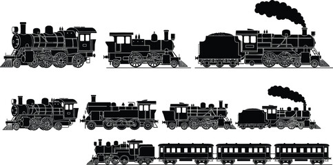 Vintage Steam Locomotive Silhouette Set with Retro Train Engines, Antique Railway Transportation Icons, and Old Fashioned Railroad Carriage Vectors for History and Travel Designs © MdGohurul