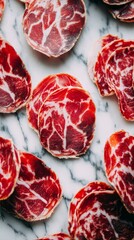 Obraz premium applicability. Thinly sliced Italian cured meat on marble slab showcasing fat marbling. menu design, packaging mockups, designed for culinary blogs and recipe cards for restaurants. 