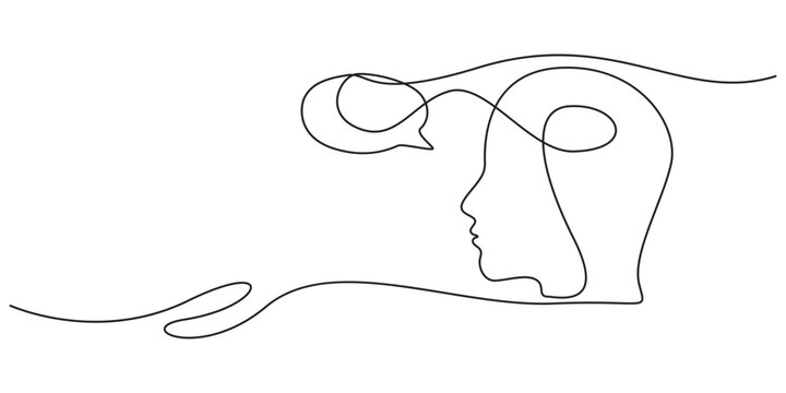 Continuous one line drawing of head with speech bubble. Concept of confused feelings worried about bad mental health. Editable stroke. Doodle vector illustration , pro
