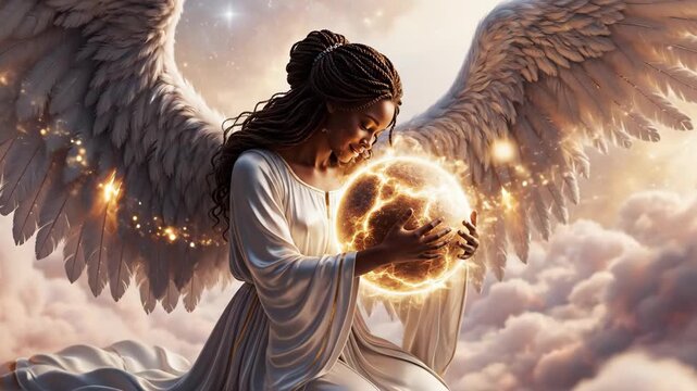 African american woman angel holding a glowing orb in the clouds as a religious or spiritual concept