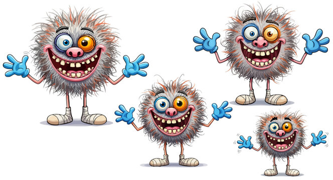 Funny hairy monster character set, cute fuzzy alien creatures with big smiles, 4 cartoon mascot illustrations in different sizes for kids design