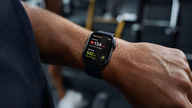 Hyper-realistic macro of a modern smartwatch displaying heart rate and calories on a sweaty wrist during a gym workout
