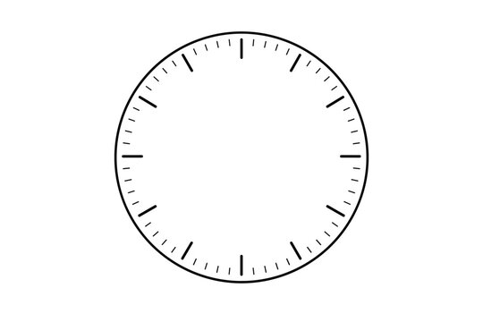 Blank Clock Face Template with Hour and Minute Marks, Simple Flat Vector Illustration for Custom Watch Design, Time Management, and DIY Projects, Minimalist Analog Dial Isolated on White Background