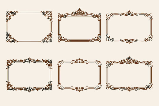 Set of Brown Vintage Ornate Frames and Decorative Rectangle Borders with Royal Filigree, Antique Victorian Baroque Line Art Elements for Wedding Invitations, Certificates, and Luxury Branding.