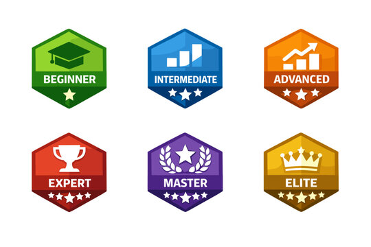 Set of digital certification badges with hexagonal level icons and professional labels. Colorful business achievement symbols for beginner, intermediate, advanced, expert, master, and elite ranks.