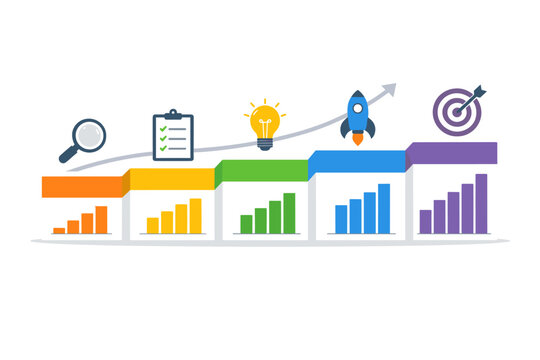 Business Growth Infographic Vector Illustration with 5 Steps, Bar Charts, and Icons for Research, Planning, Idea, Launch, and Target Success. Minimalist Presentation Layout for Strategic Goals.