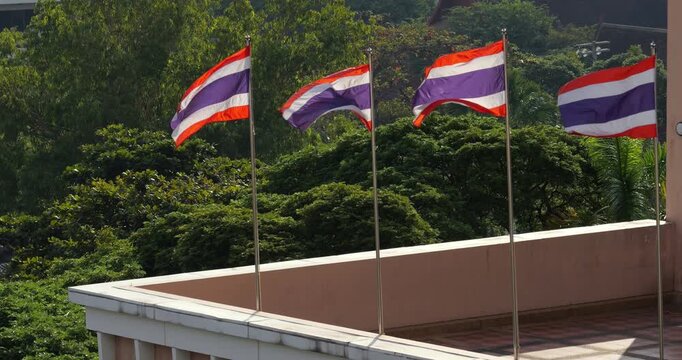 Four National flags of Thailand fluttering on flagpoles, lit by sunlight and against a backdrop of lush green trees in Bangkok, symbolizing Thai pride, patriotism, and the kingdom's national identity