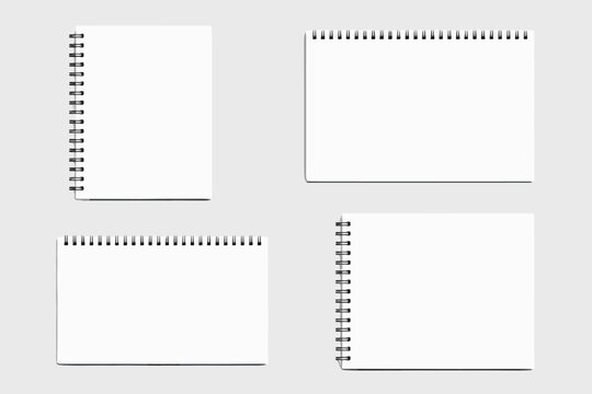 Realistic Vector Set of White Spiral Notebook Cover Mockups with Black Wire Binding in Portrait and Landscape Orientations, Minimalist Blank Stationery Template for Branding and Design Showcase
