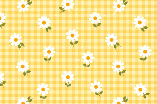 Cute Yellow Gingham Seamless Pattern with White Daisy Flowers. Spring and Summer Vichy Checkered Background with Floral Elements for Fabric, Textile, Wallpaper, and Gift Wrap Design Illustration.