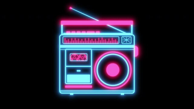 Neon retro animated boombox cassette player made of geometric shapes on black background