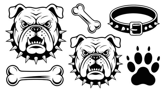 Aggressive bulldog head illustration with spiked collar and dog bones man s illustration aggressive