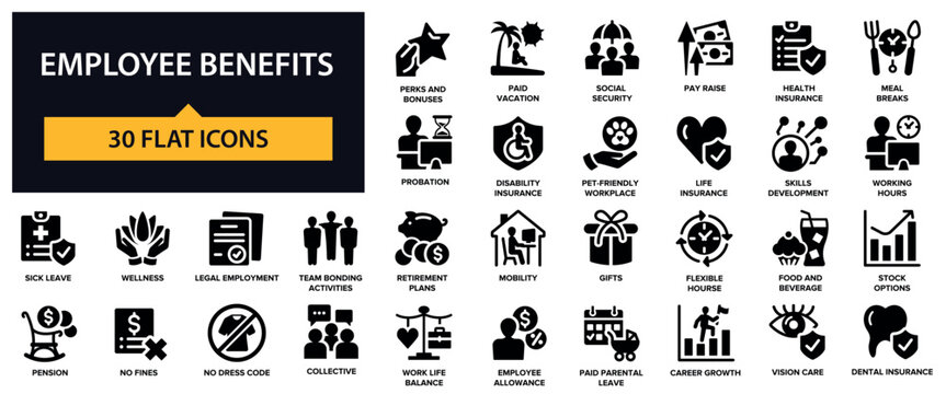 Employee Benefits icons set. Perks, Bonuses, Compensation, Insurance, Wellbeing and others.