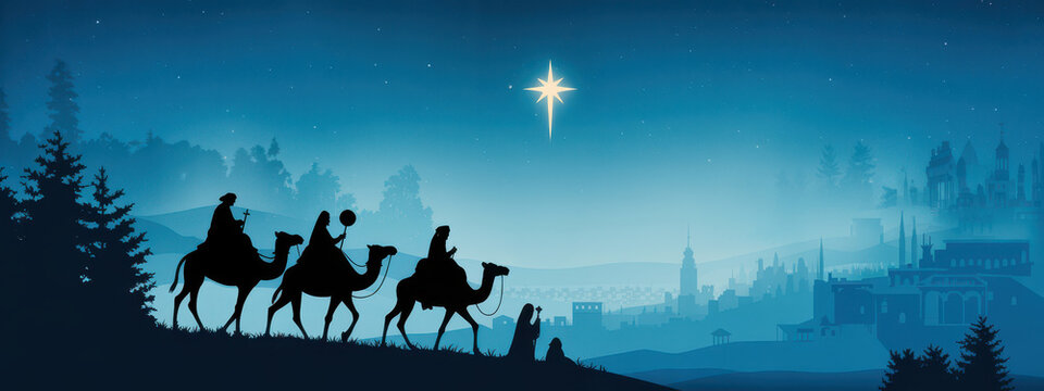 Silhouette of the three wise men traveling on camels towards a bright star in a blue night sky