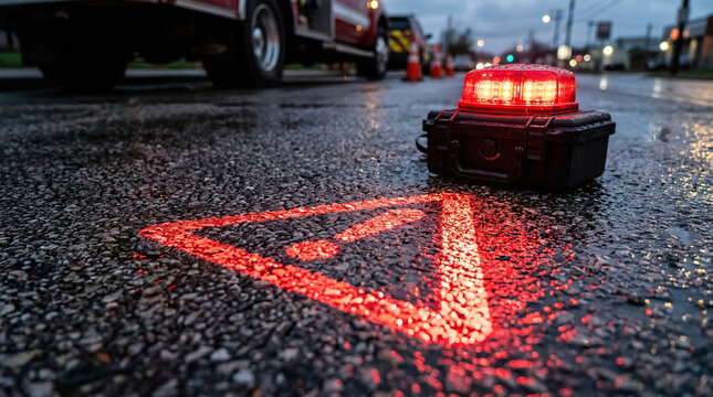 Red emergency warning light on wet asphalt road with reflective caution symbol, alerting drivers near parked vehicle during dusk or early evening